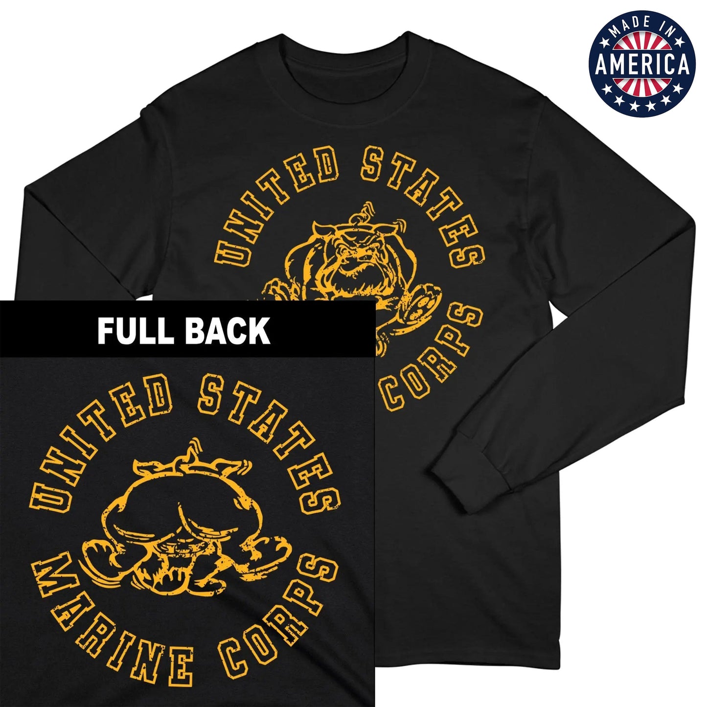 USA Gold Vintage Bulldog 2-Sided Black Long Sleeve Tee