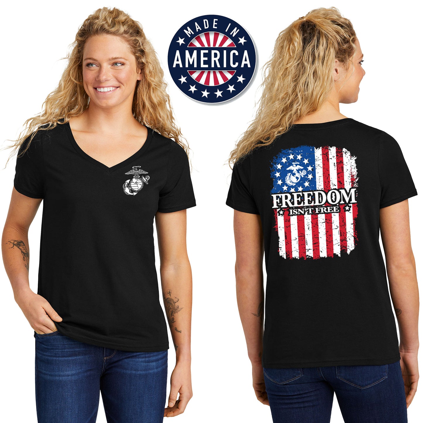 USA Freedom Isn't Free 2-Sided Women's Black V-Neck Tee