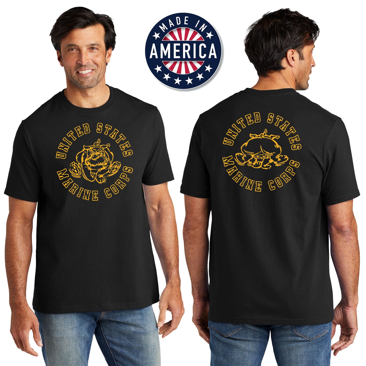 USA Gold Vintage Bulldog 2-Sided Black Tee