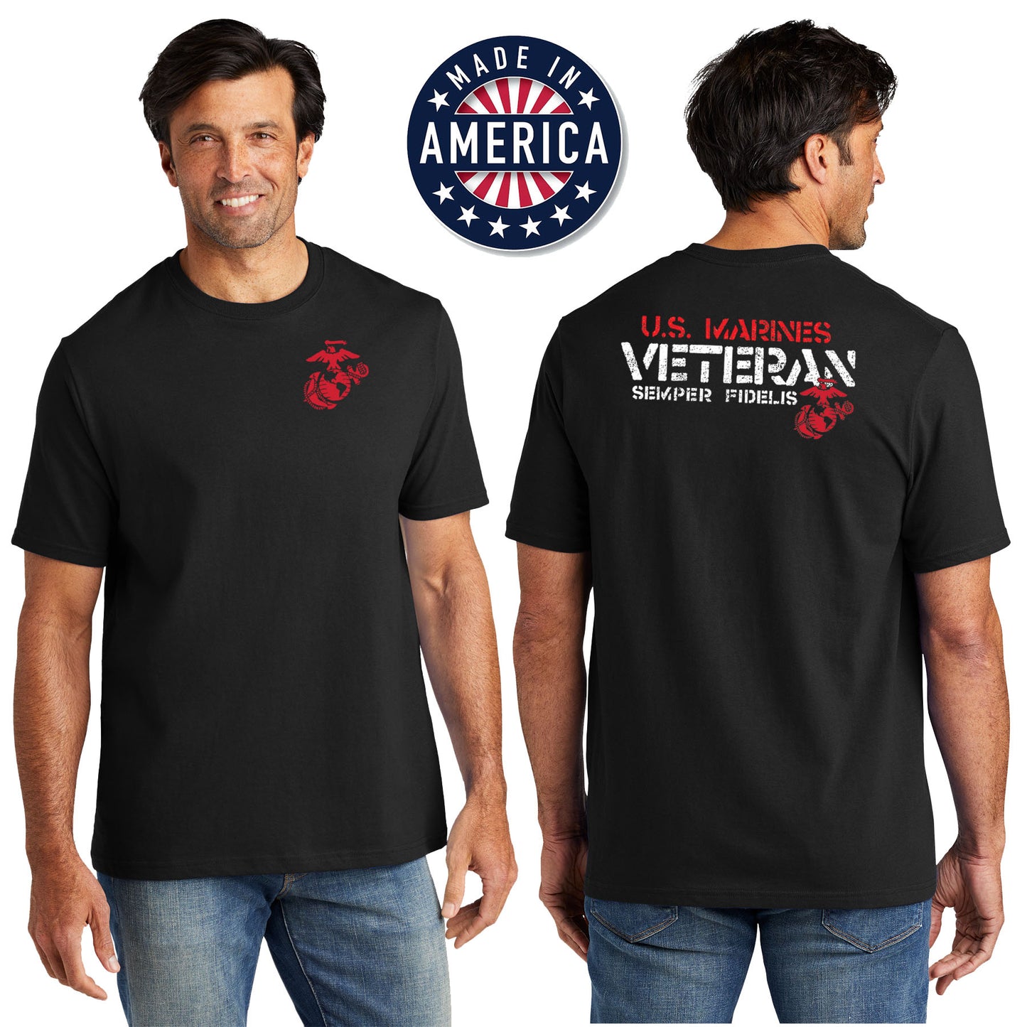 USA U.S. Marines Veteran 2-Sided Black Tee