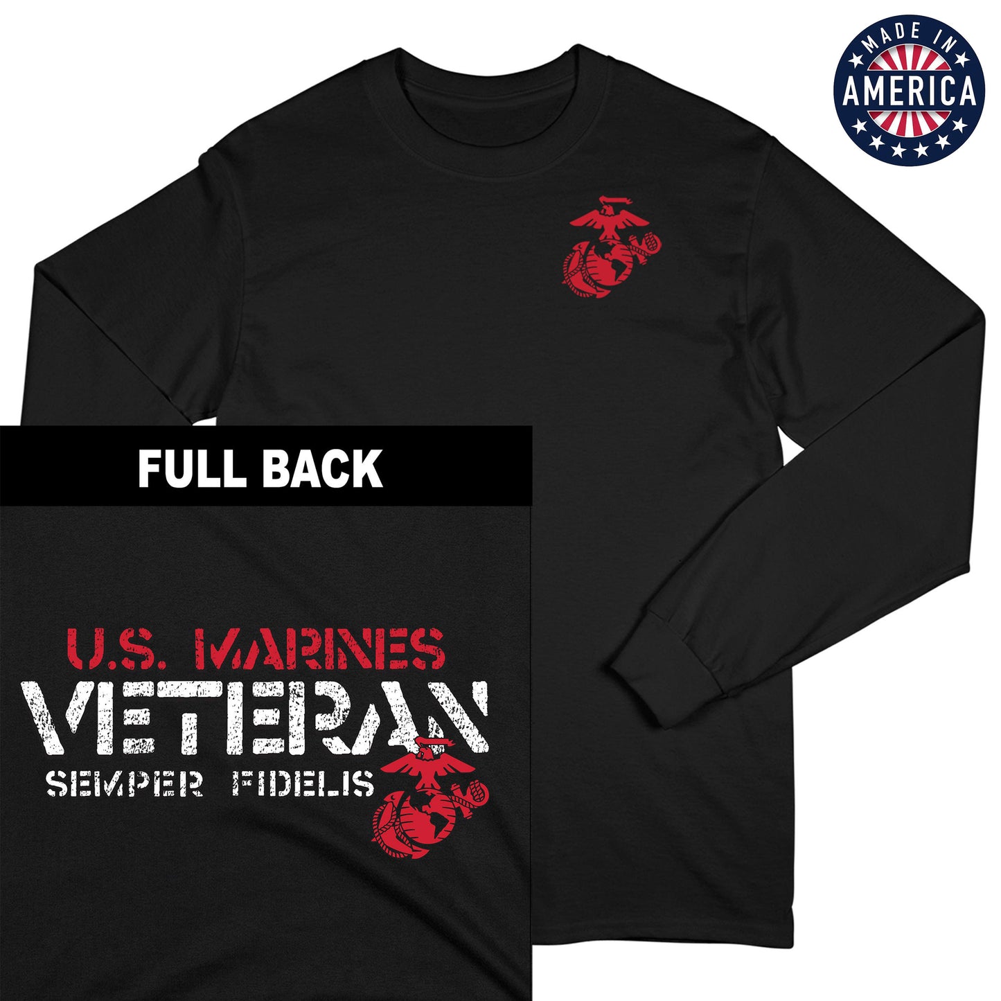 USA U.S. Marines Veteran 2-Sided Black Long Sleeve Tee