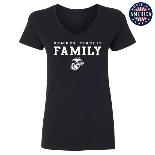 USA Semper Fi Family Black Women's V-Neck Tee