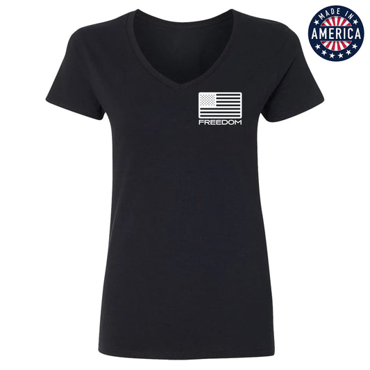 USA Freedom Flag Chest Seal Women's Black V-Neck Tee