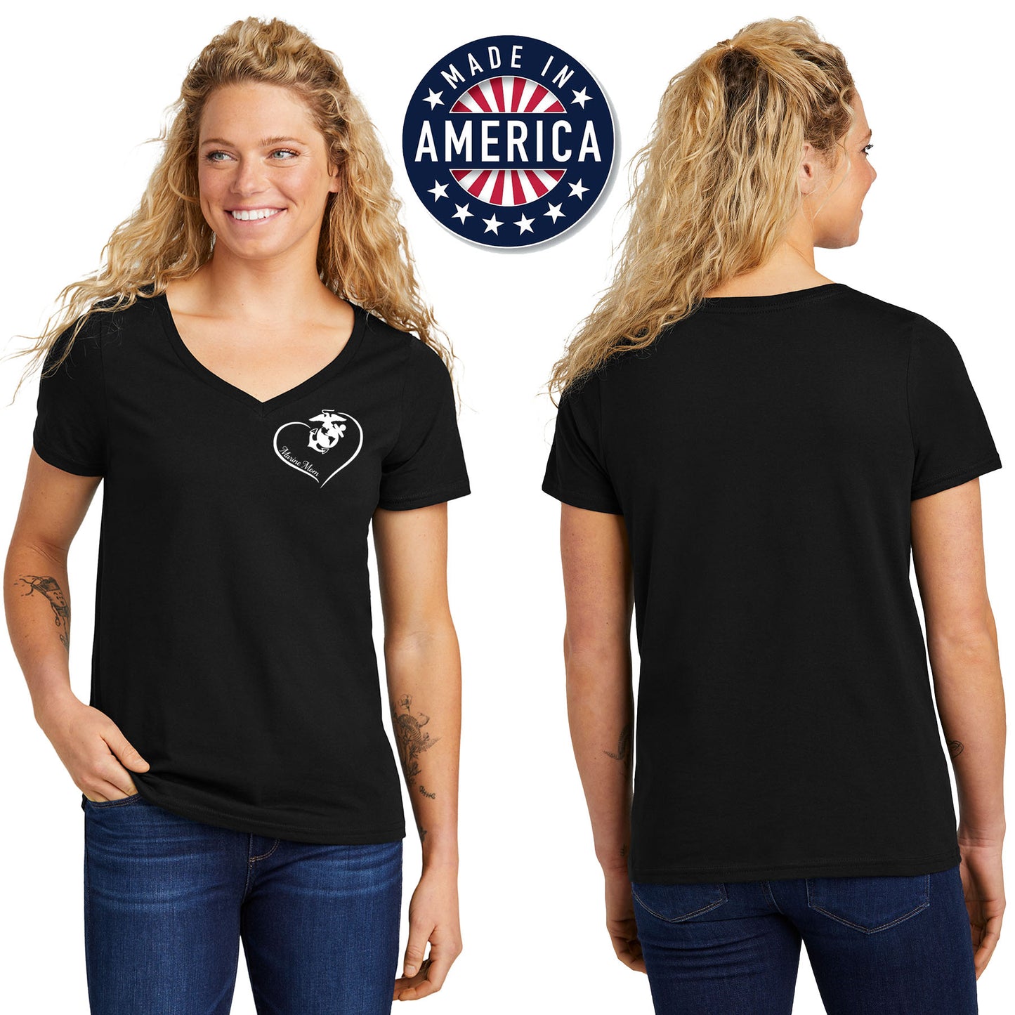 USA Marine Mom Chest Seal Women's Black V-Neck Tee